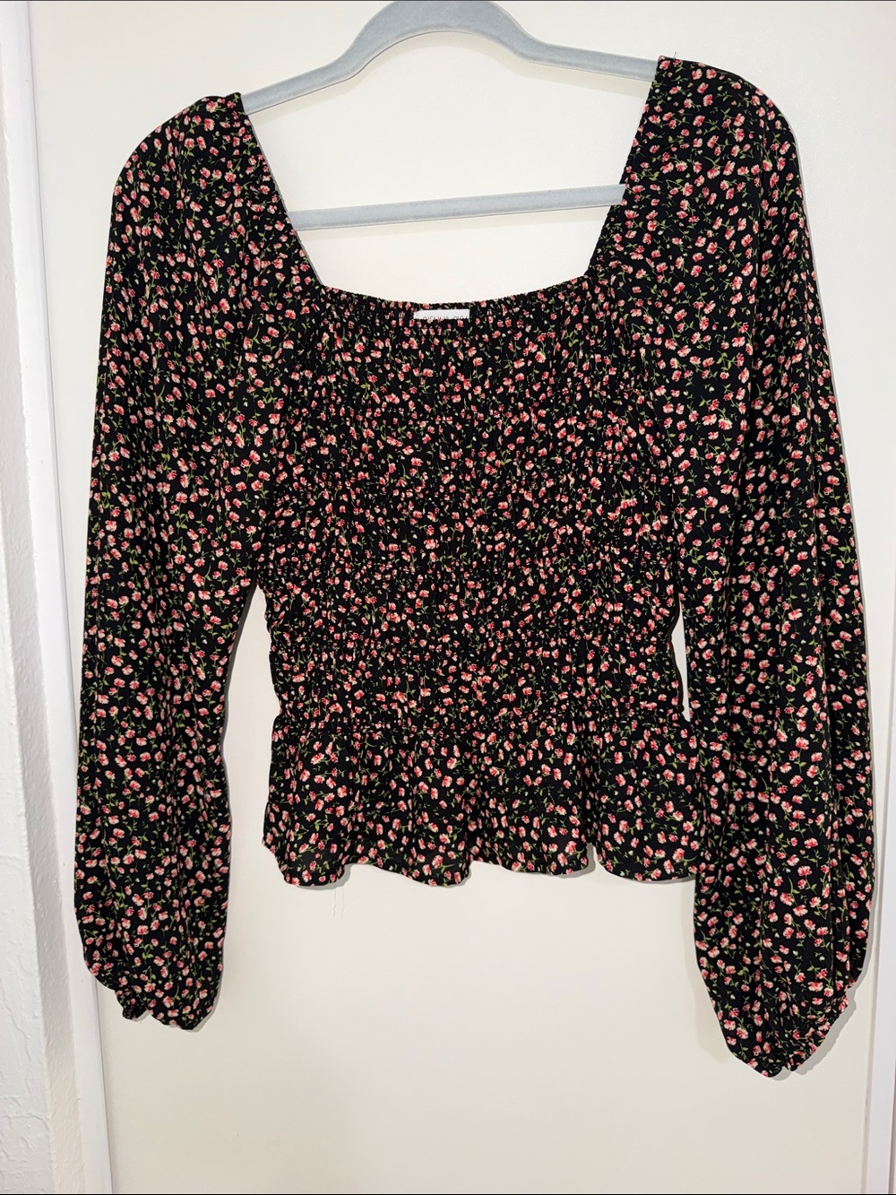 Sienna Sky Smocked Square-Neck Floral Blouse in Black and Pink | XS